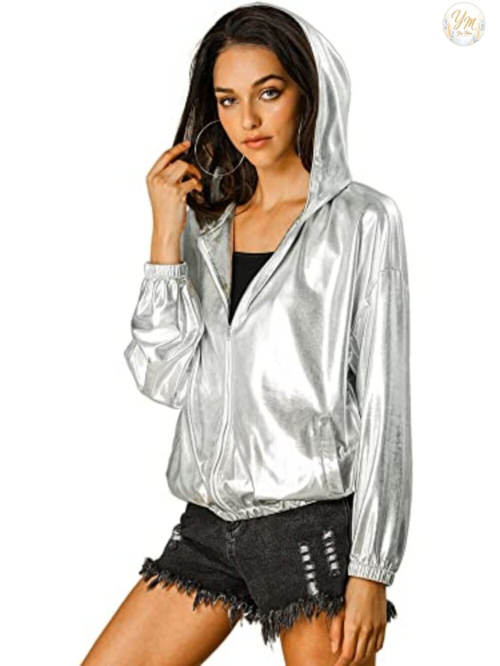 Holographic Metallic Hooded Zip Up Jacket Women Party Club Coat
